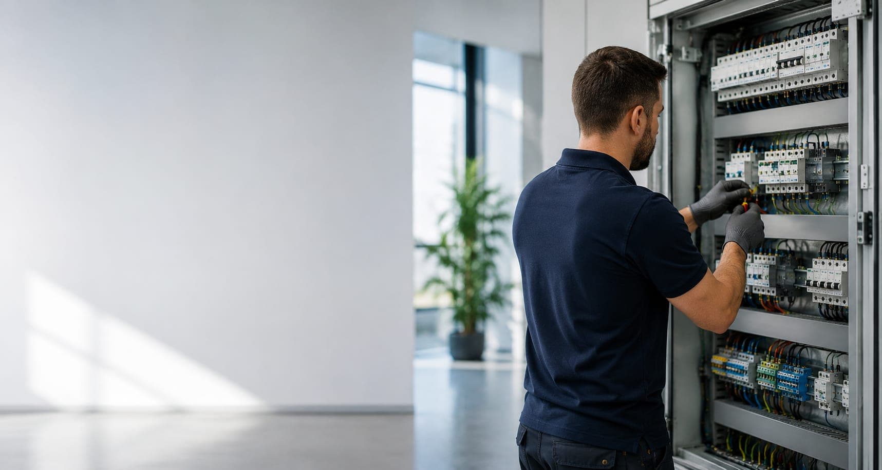 Technicien en intervention sur une installation technique de bâtiment, illustration du réseau de partenaires installateurs et intégrateurs Victeon.